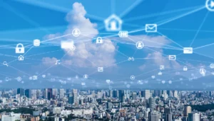 Concept visuel de Smart Building avec réseau connecté pour la gestion intelligente des bâtiments