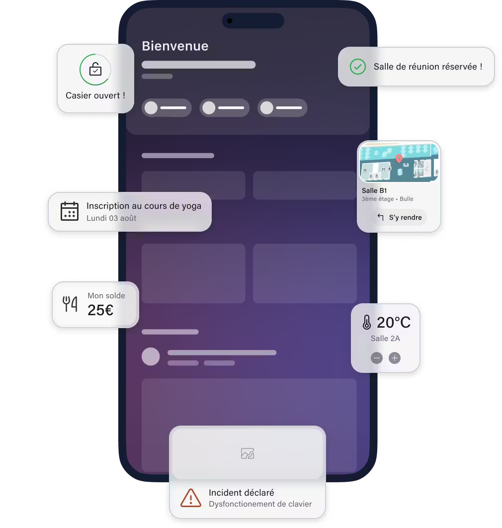 Image de l’interface de l’application Smart Office ConnectYourDay®, affichant des notifications de réservation de salle, ouverture de casier et température de bureau, illustrant un environnement de travail intelligent et connecté.