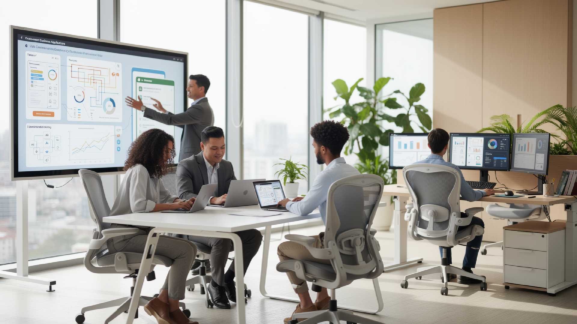 Alt text : Réunion d'équipe collaborative analysant des dashboards métiers sur écran tactile géant pour illustrer l'adaptation technologique