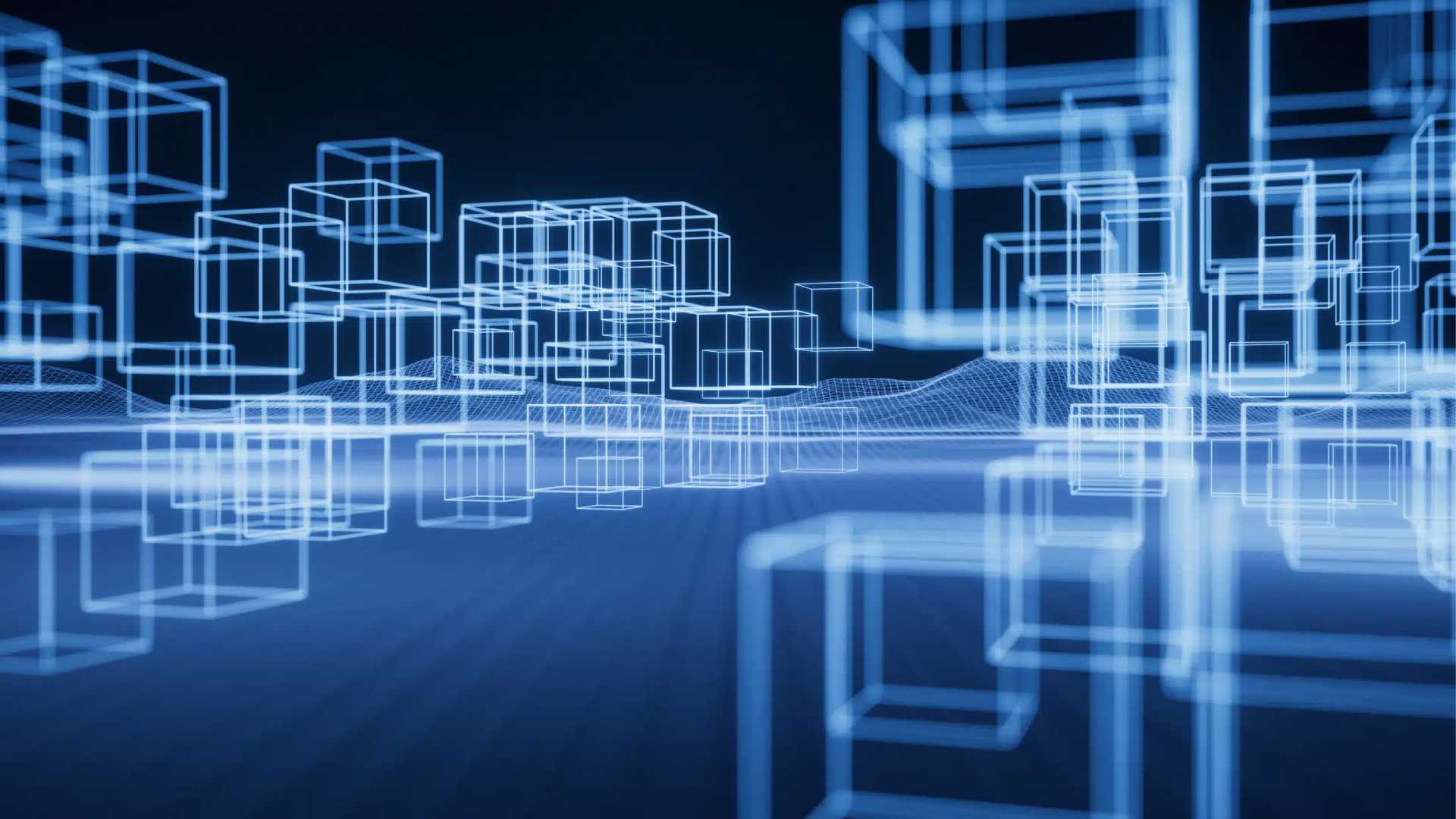 Architecture web wireframe 3D cubique bleue sur fond sombre