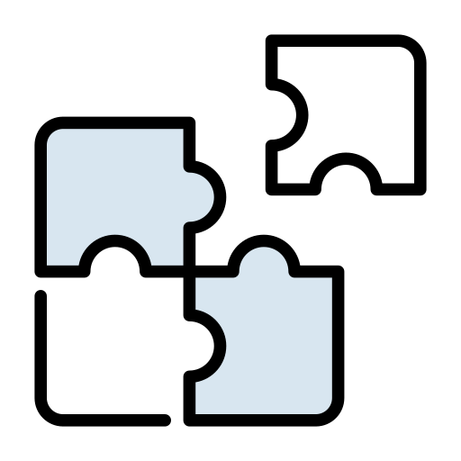 icone représentant 3 pièces de puzzle imbriquées. La 4 ème pièce est elle sur le point d'être imbriquée avec les autres. Cela vient représenter la résolution de problèmes