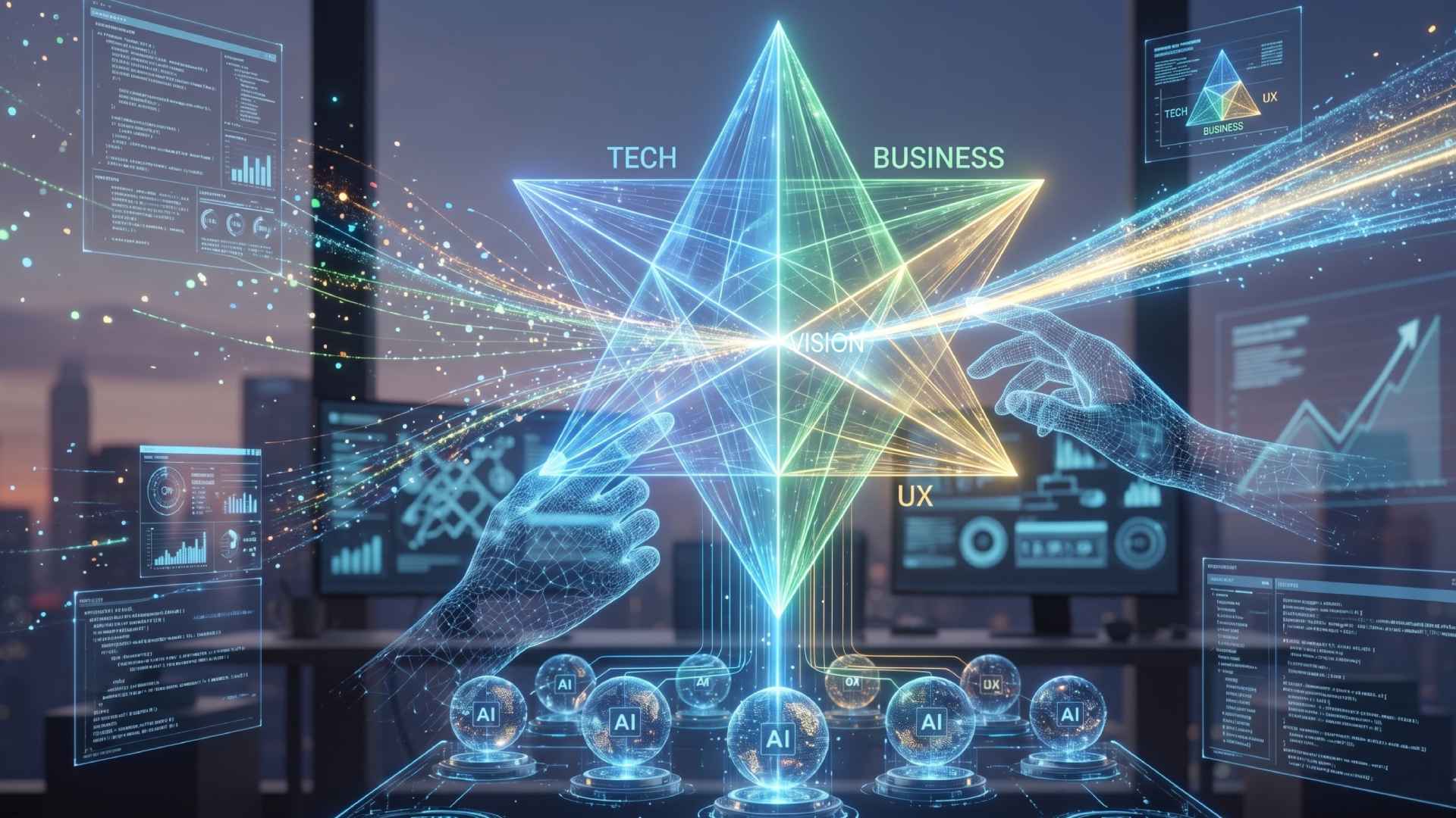 deux mains virtuelles pour illustrer les missions du product manager à l'ère de l'IA en 2026
