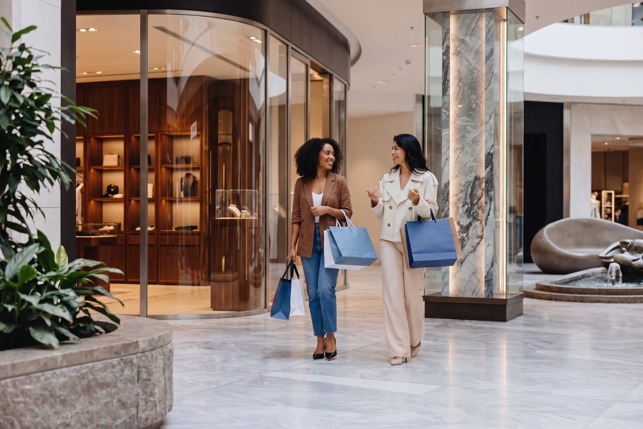 deux femmes qui discutent dans le hall d'un magasin luxueux