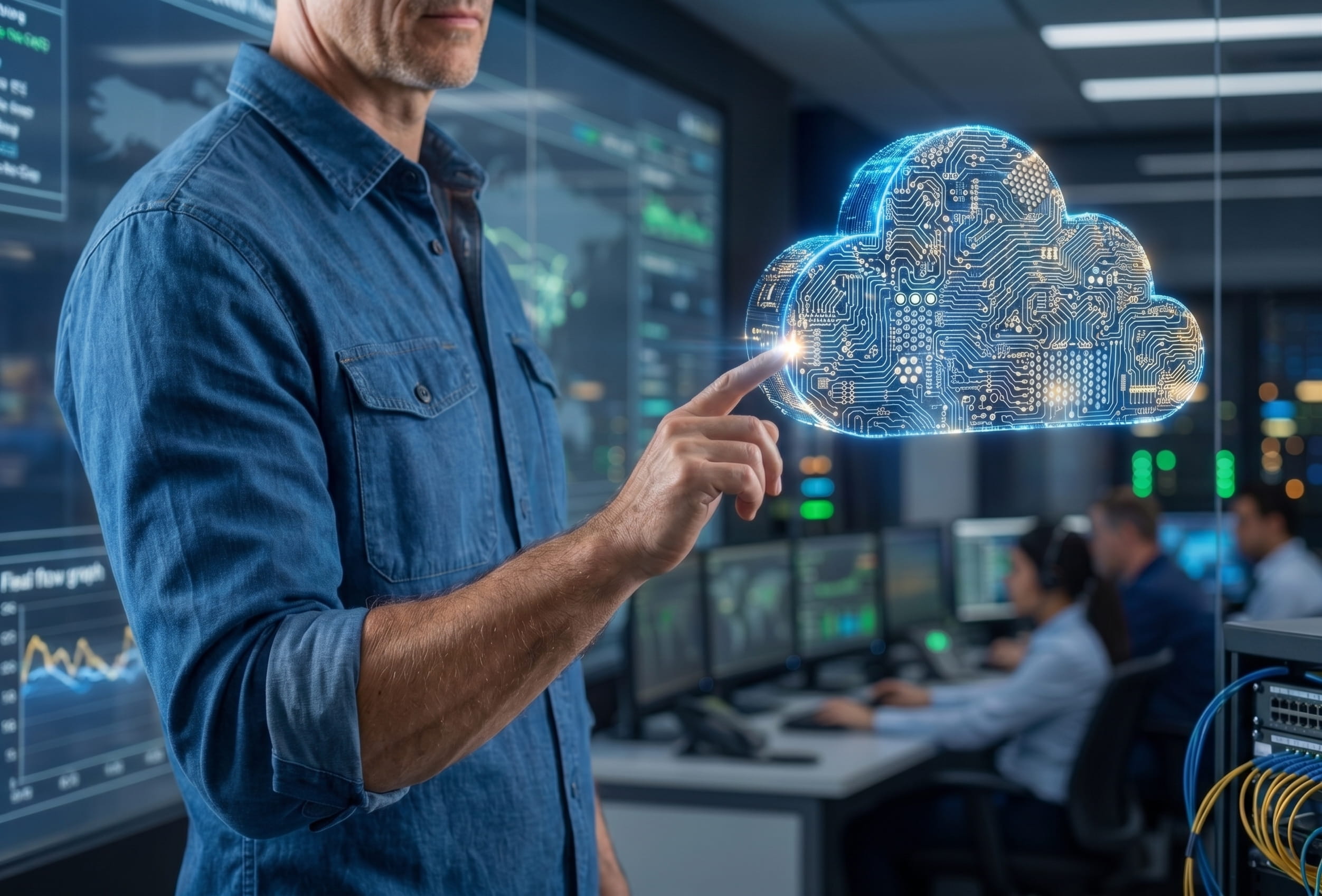 Un professionnel de la technologie en uniforme de travail interagit avec une interface holographique sphérique affichant une chaîne de blocs, dans une salle de contrôle de serveurs équipée de multiples écrans de surveillance.